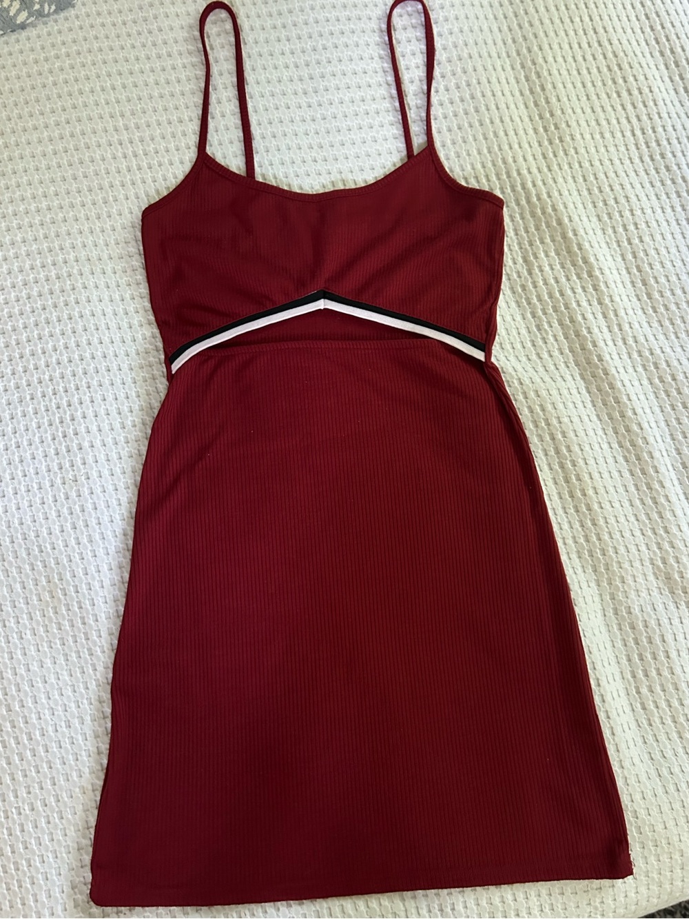 College Ribbed Spaghetti Strap Mini Dress in Burgundy with Contrast Waist